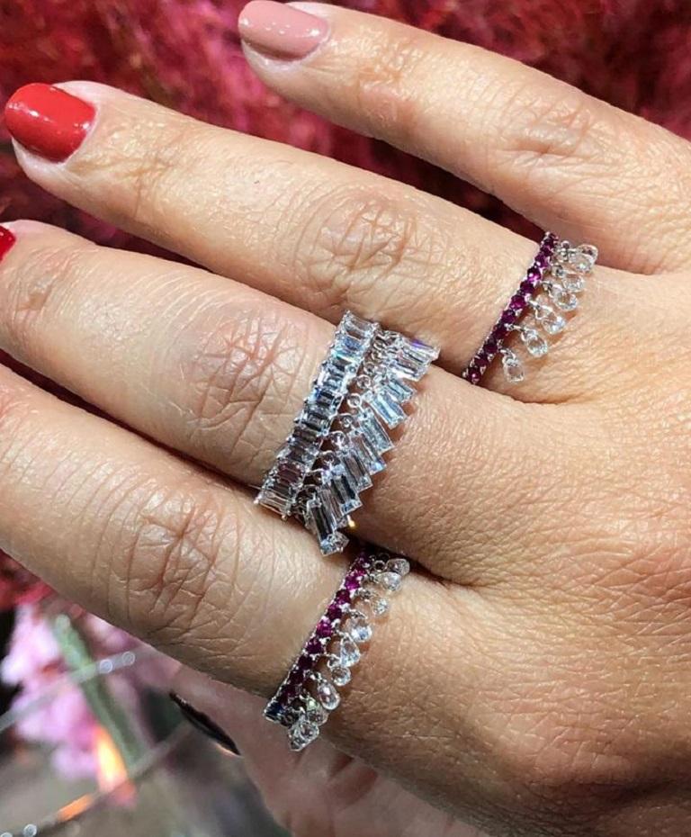 Diamond Briolettes & Ruby Dangling Ring, White Gold
