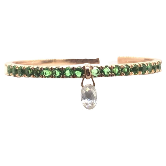 Mono Diamond Briolette & Emerald Dangling Ring, Rose Gold