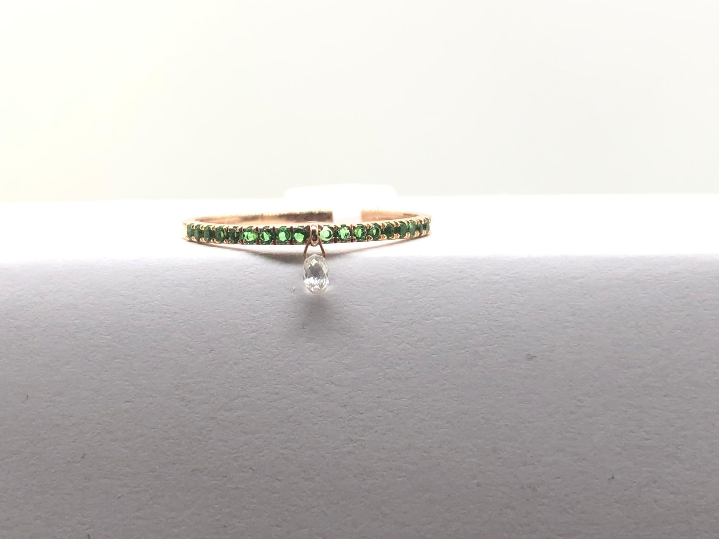 Mono Diamond Briolette & Emerald Dangling Ring, Rose Gold