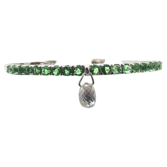 Mono Diamond Briolette & Emerald Dangling Ring, White Gold