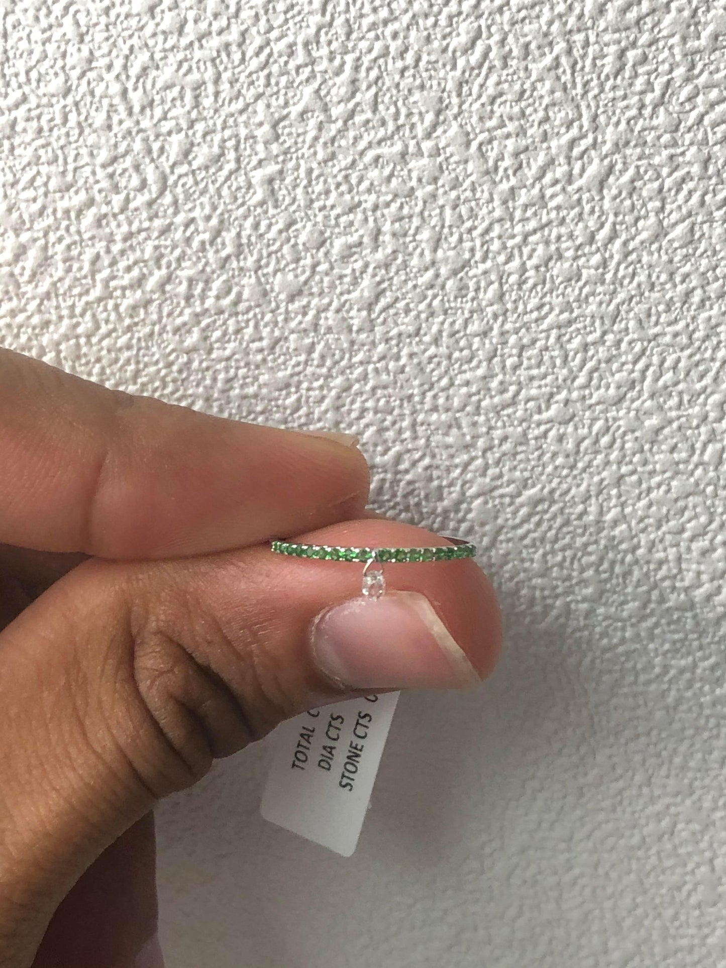 Mono Diamond Briolette & Emerald Dangling Ring, White Gold