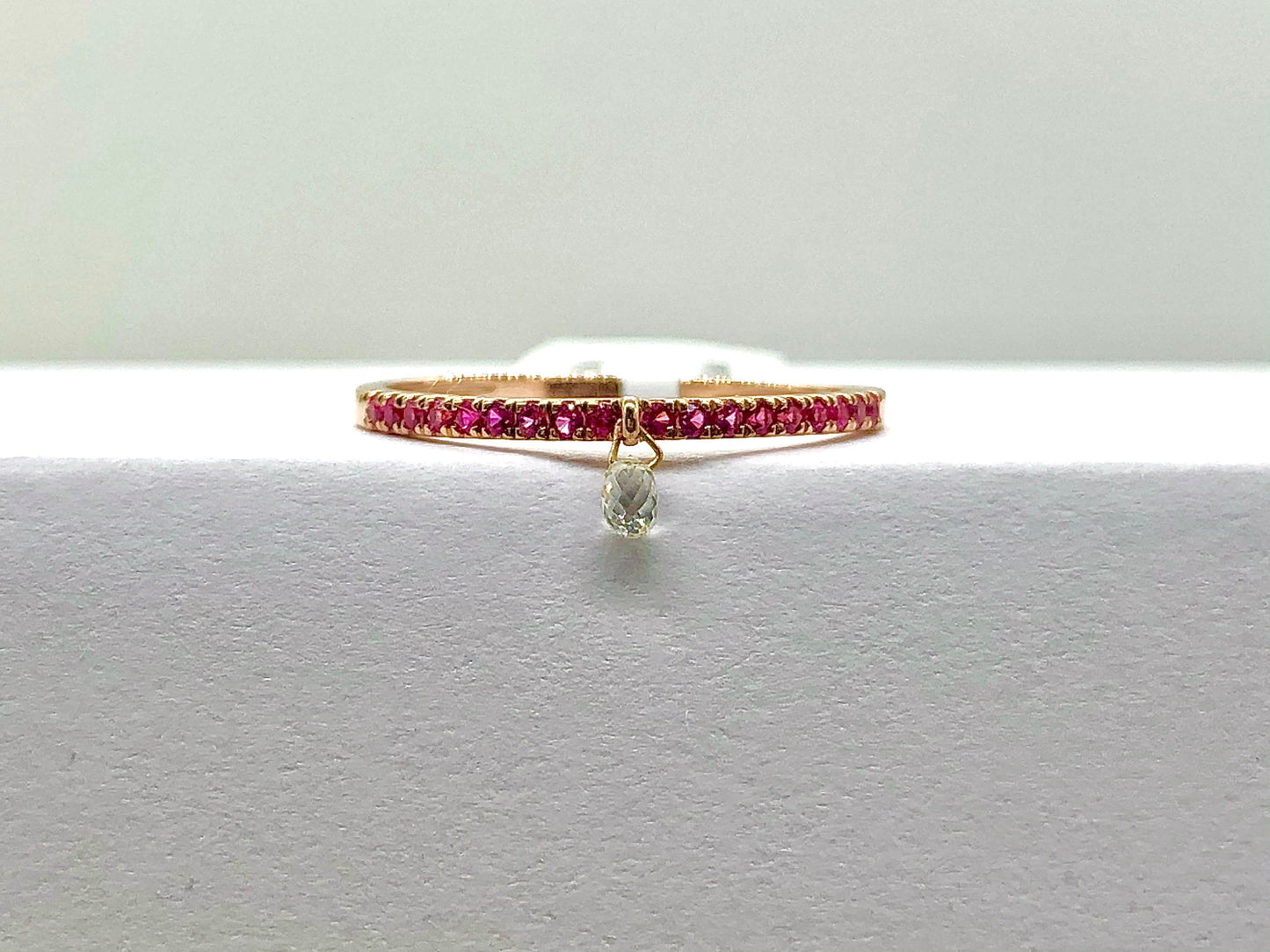 Mono Diamond Briolette & Ruby Dangling Ring, Rose Gold