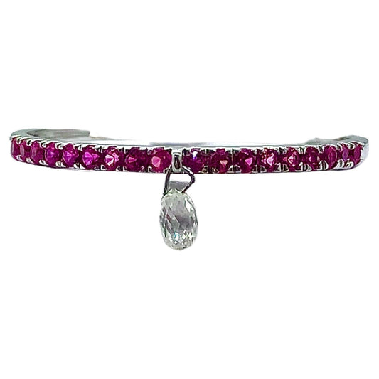 Mono Diamond Briolette & Ruby Dangling Ring, White Gold