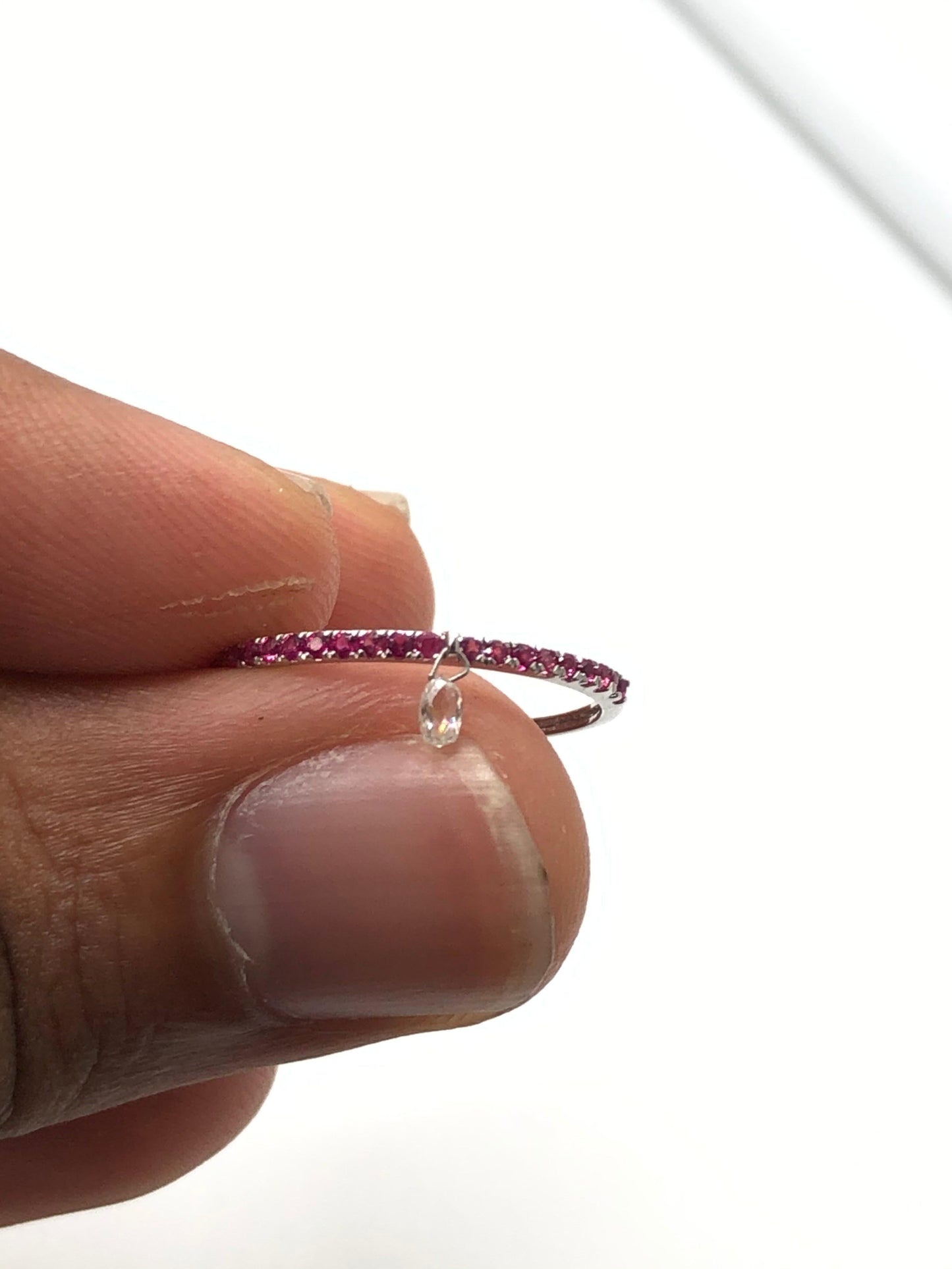 Mono Diamond Briolette & Ruby Dangling Ring, White Gold