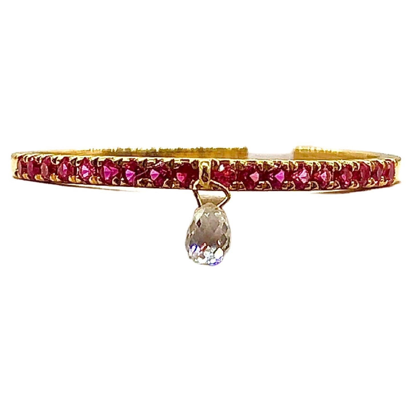 Mono Diamond Briolette & Ruby Dangling Ring, Yellow Gold