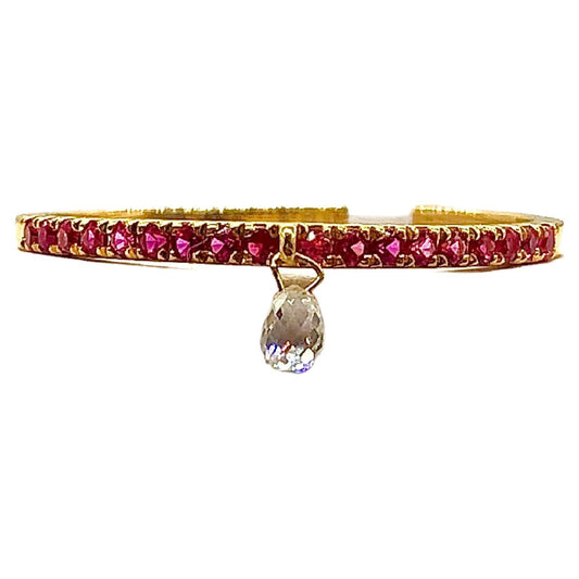 Mono Diamond Briolette & Ruby Dangling Ring, Yellow Gold