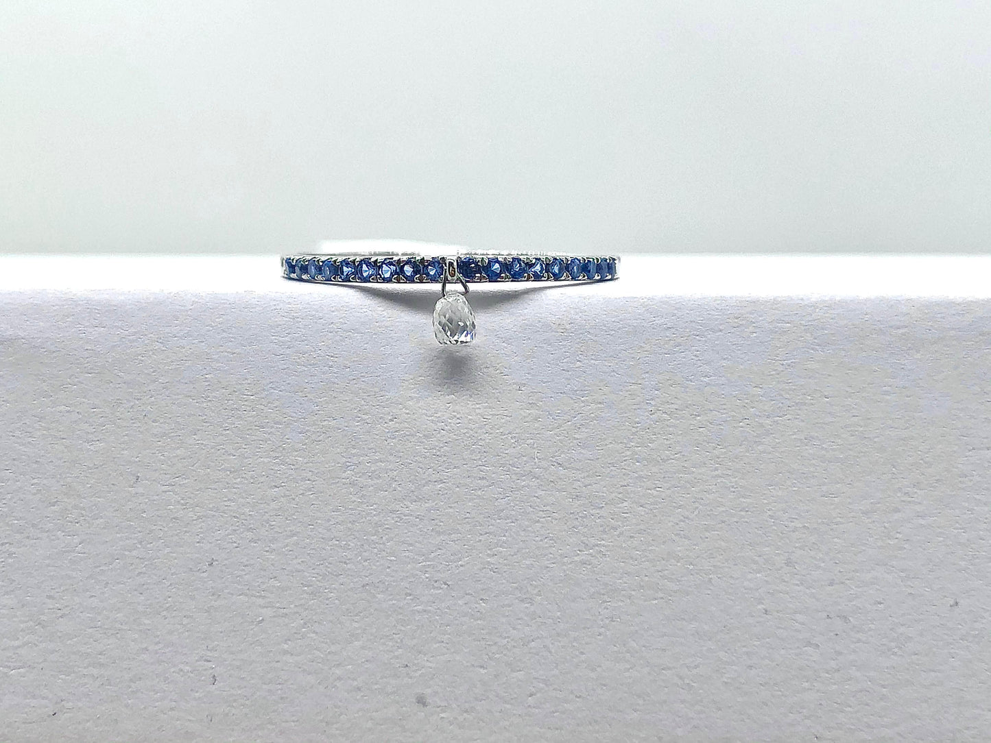 Mono Diamond Briolette & Sapphire Dangling Ring, White Gold