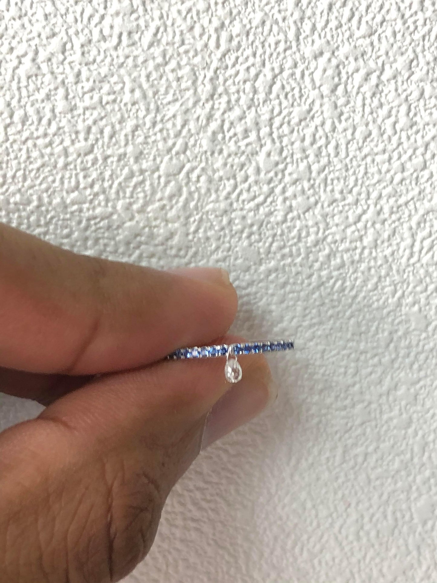 Mono Diamond Briolette & Sapphire Dangling Ring, White Gold