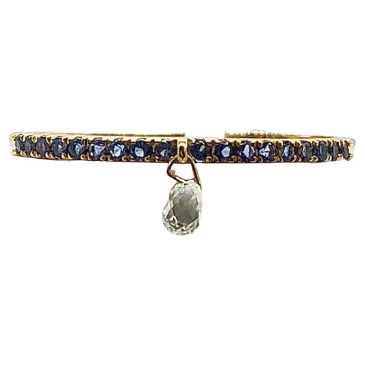 Mono Diamond Briolette & Sapphire Dangling Ring, Yellow Gold