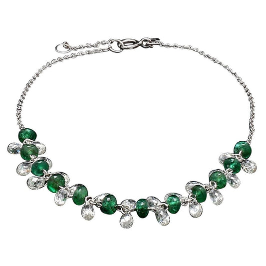 Diamond Briolette and Emerald 18k White Gold Dangling Bracelet