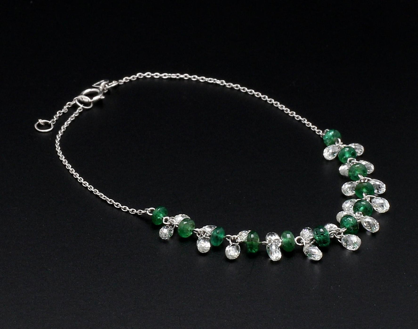 Diamond Briolette and Emerald 18k White Gold Dangling Bracelet