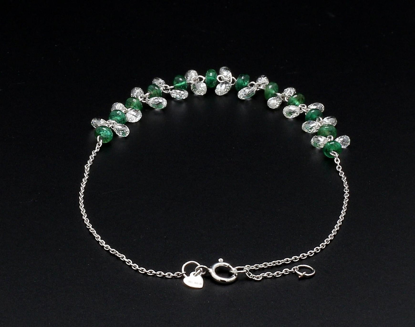 Diamond Briolette and Emerald 18k White Gold Dangling Bracelet