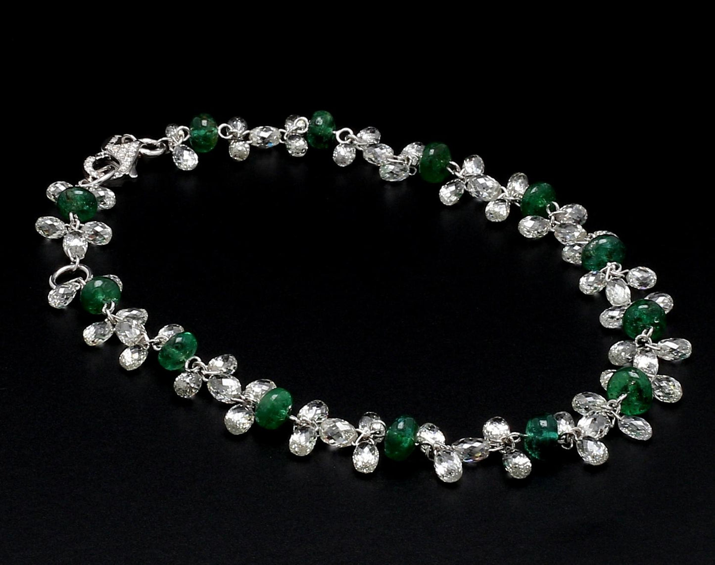Diamond Briolette & Emerald 18K White Gold Dangling Bracelet