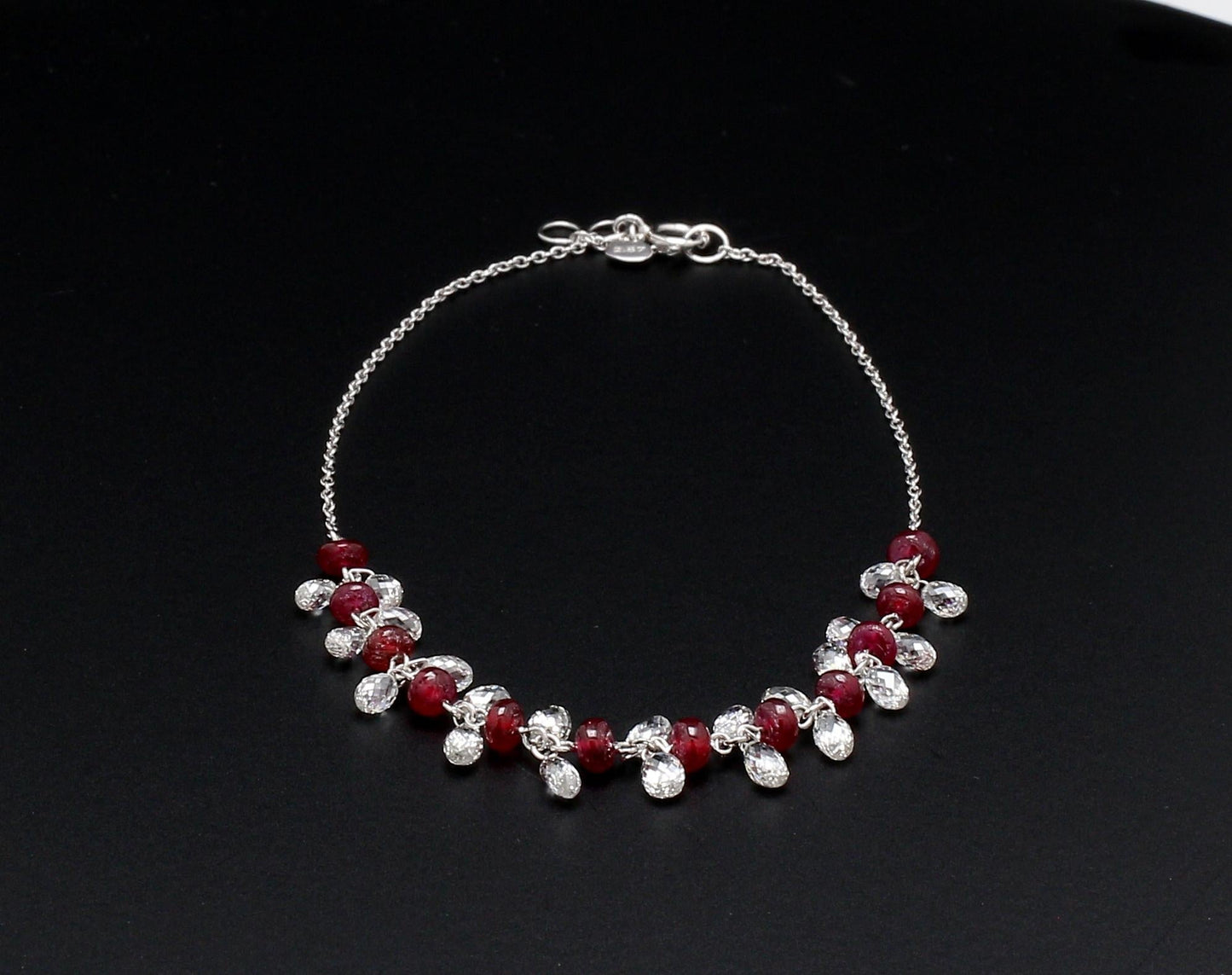 Diamond Briolette and Ruby 18k White Gold Dangling Bracelet
