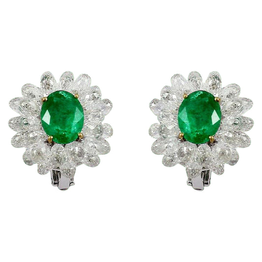 Diamond Briolette and Emerald Cluster Earrings,White Gold