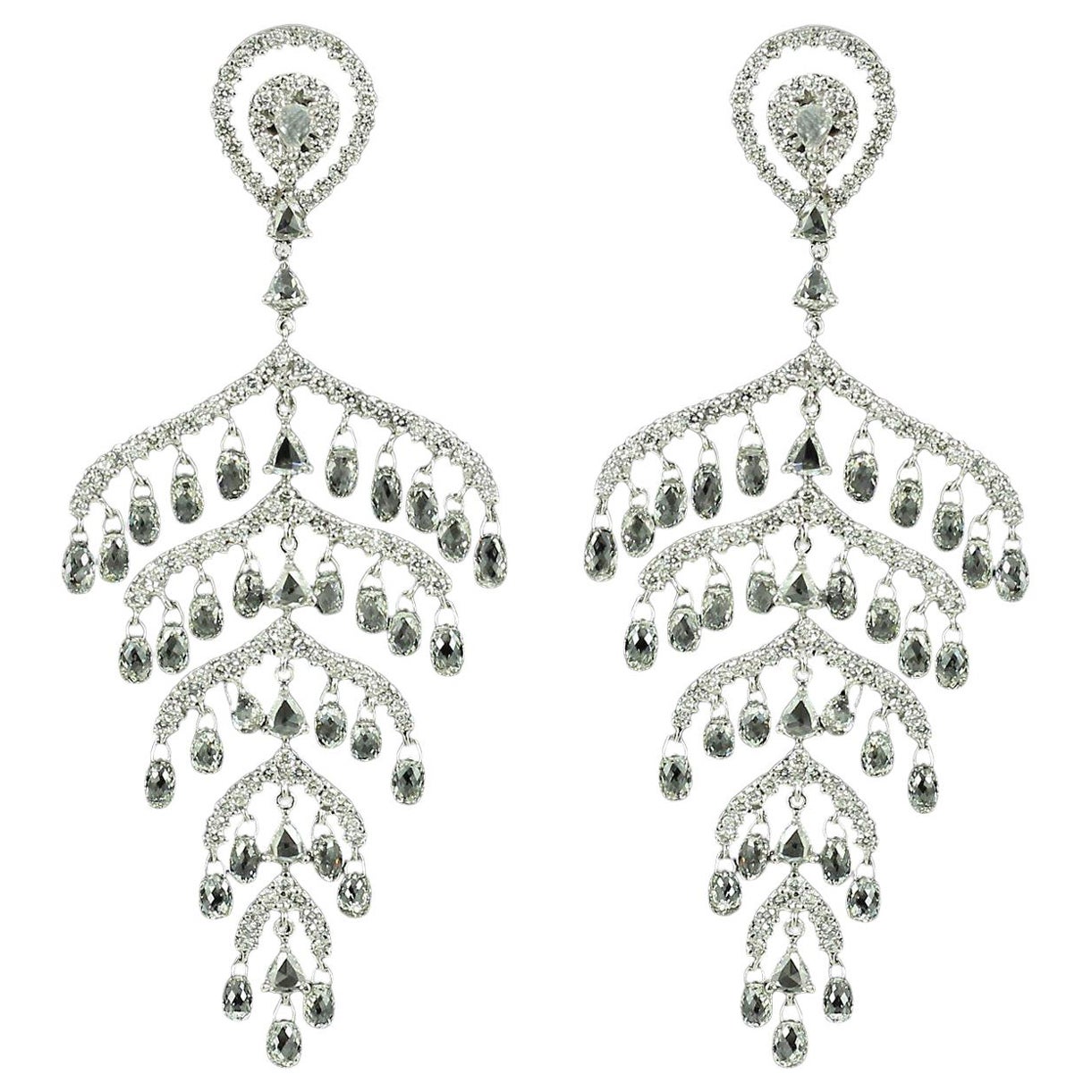 14.84 Carat Diamond Briolette Chandelier Earrings, White Gold
