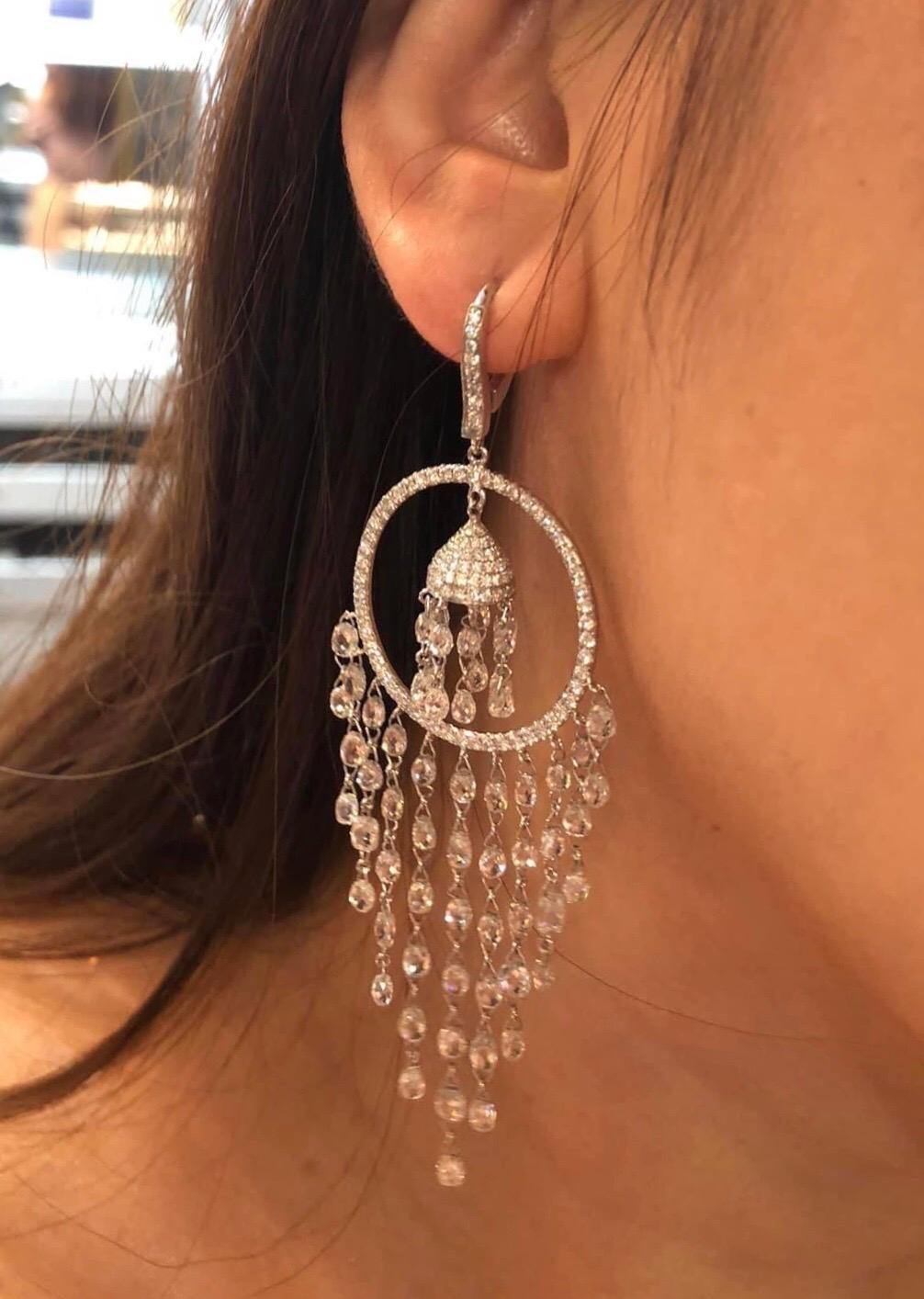 19.81 Carat Diamond Briolette Drop Earrings, White Gold