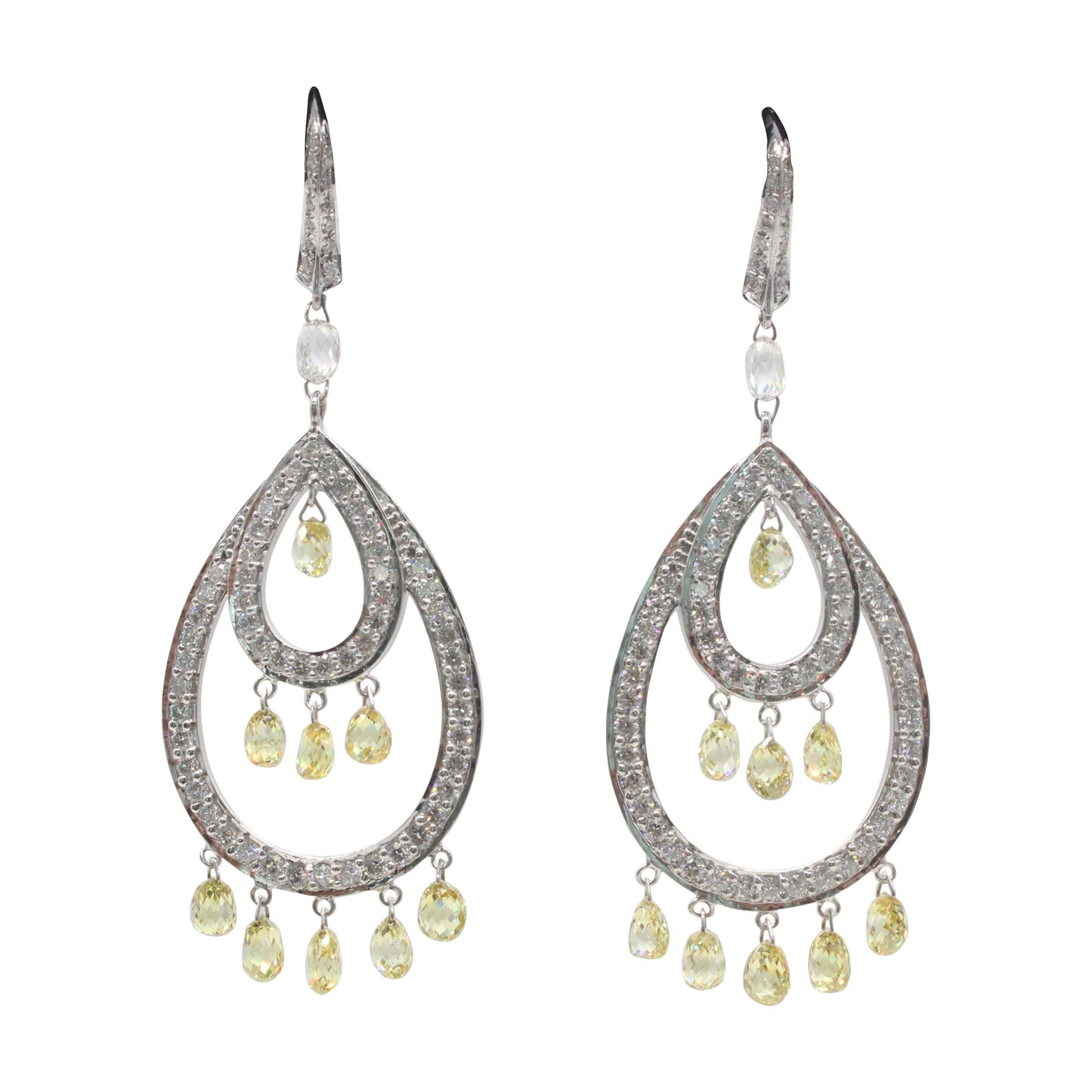 9.49 Carat Fancy Color Diamond Briolette Earrings, White Gold