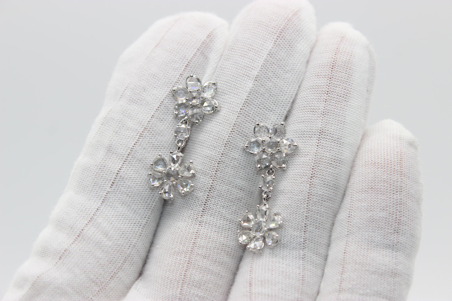2.87 Carat Diamond Rosecut Floral Earrings, White Gold