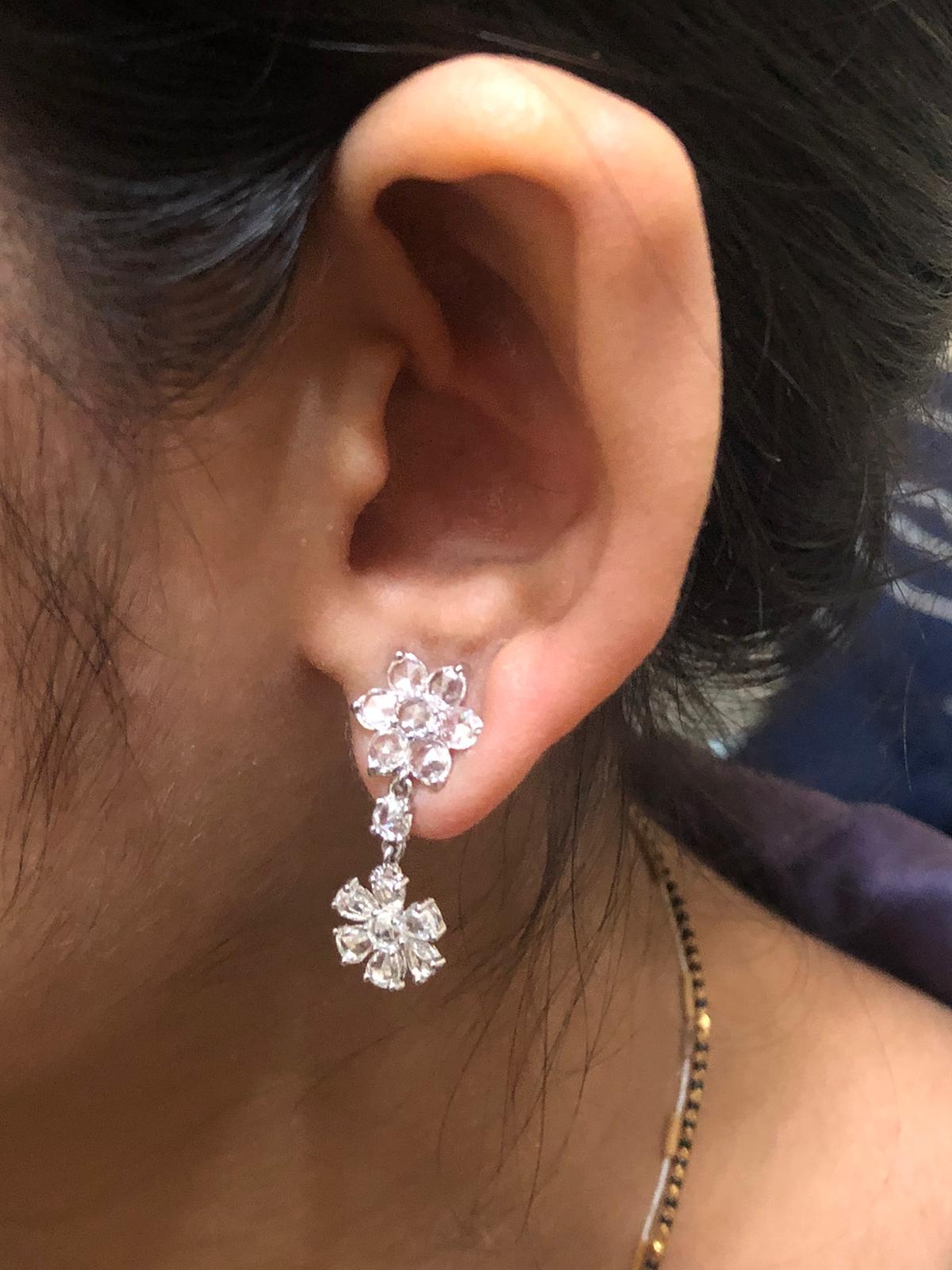 2.87 Carat Diamond Rosecut Floral Earrings, White Gold