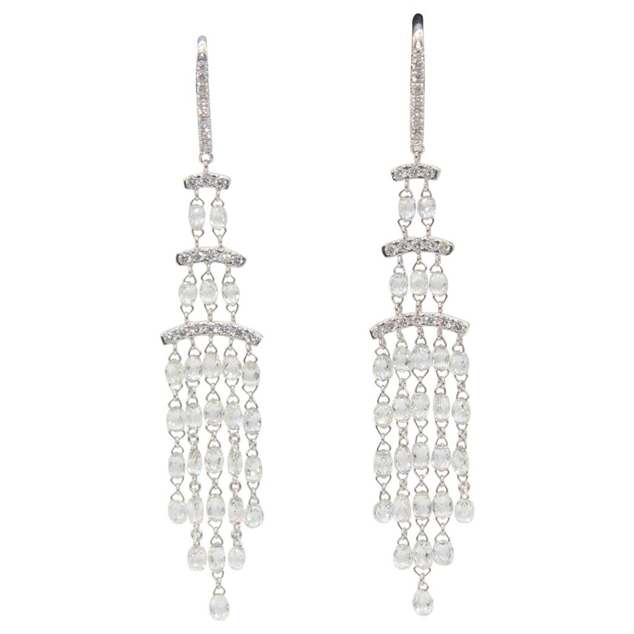 7.08 Carat Diamond Briolette Gold Dangling Earrings,White Gold