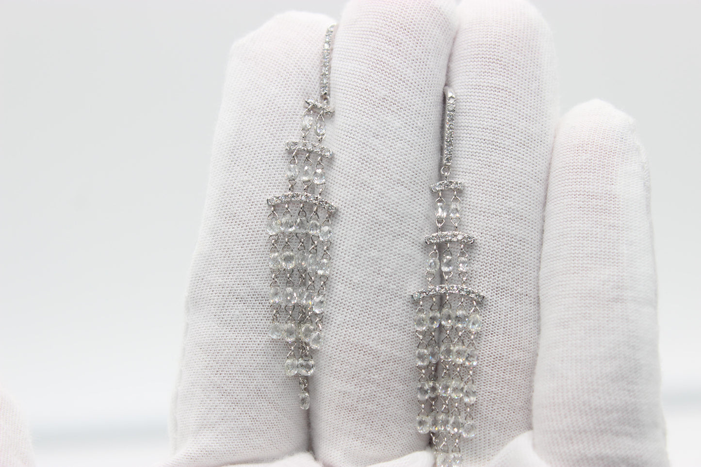 7.08 Carat Diamond Briolette Gold Dangling Earrings,White Gold