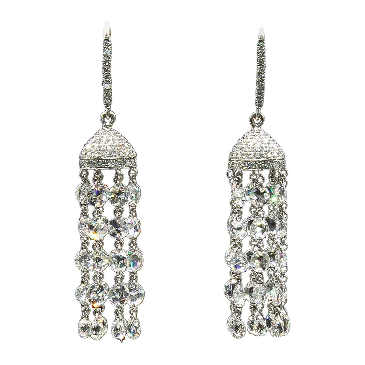 8.63 Cts Classic Rosecut Tassel Earrings, White Gold
