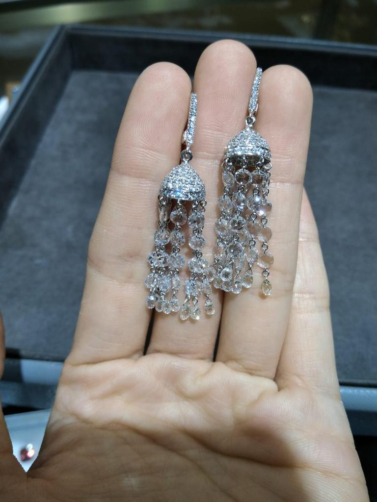 8.63 Cts Classic Rosecut Tassel Earrings, White Gold