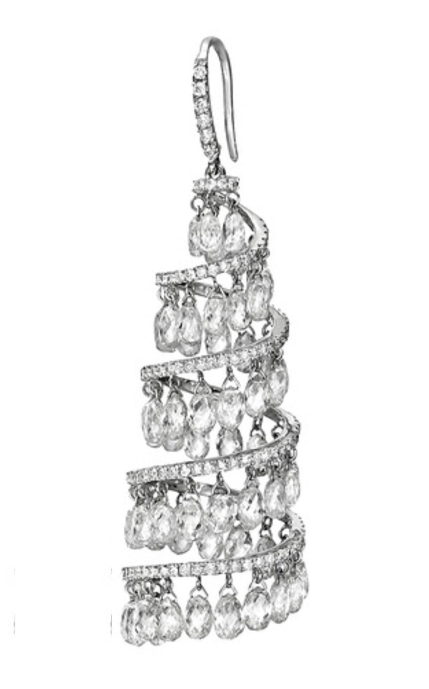 16.17 Carats Diamond Briolette Spiral Chandelier Earrings, White Gold