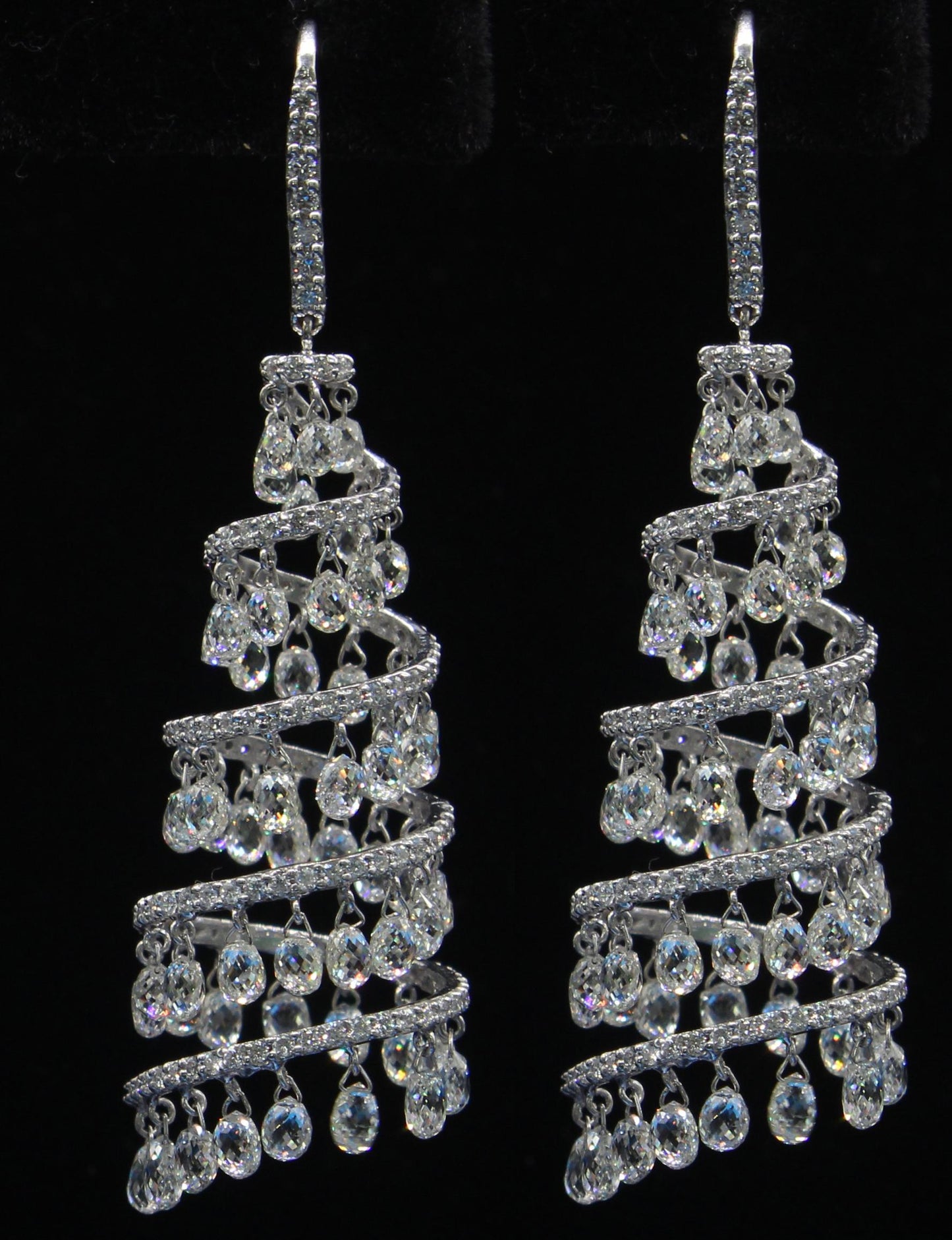16.17 Carats Diamond Briolette Spiral Chandelier Earrings, White Gold