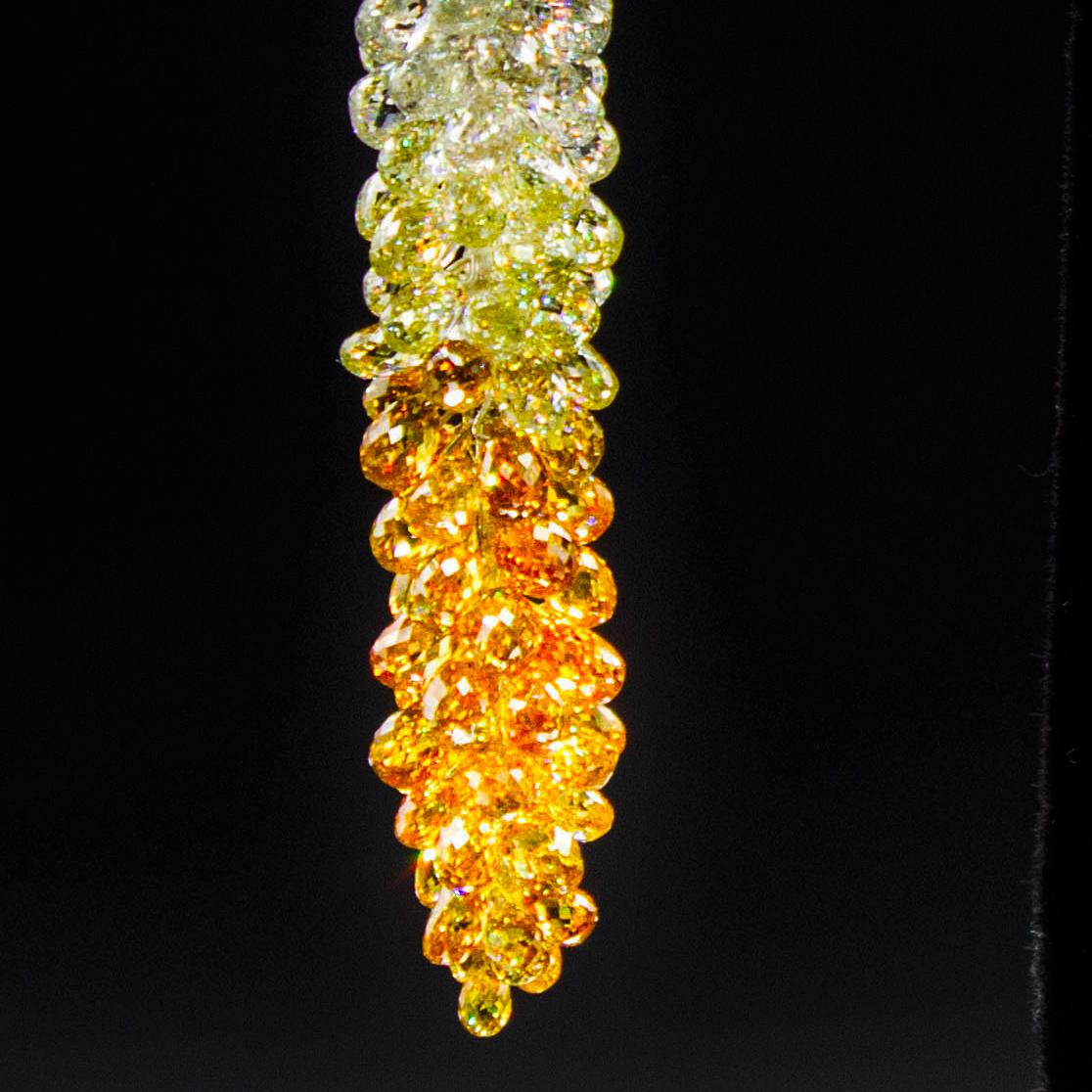 61.07 Carat Fancy Color Diamond Briolette Grapevine Earrings