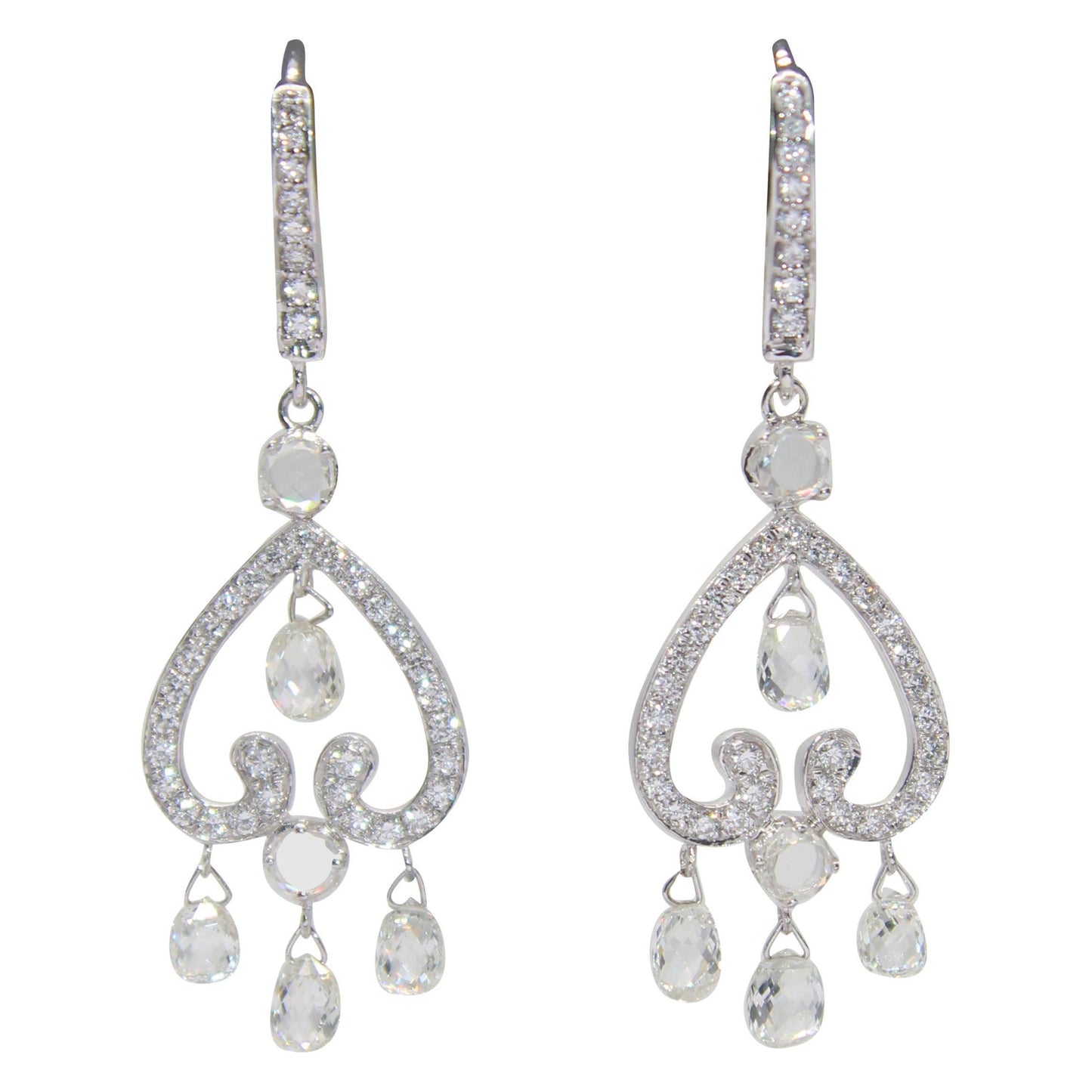 3.51 Carat Diamond Briolette & Roundell Earrings, White Gold