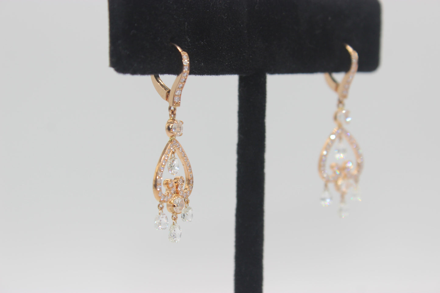 3.80 Carat Diamond Briolette & Roundell Earrings, Rose Gold