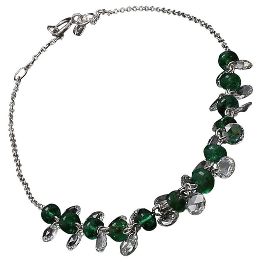 Diamond Rosecut and Emerald 18 Karat White Gold Dangling Bracelet