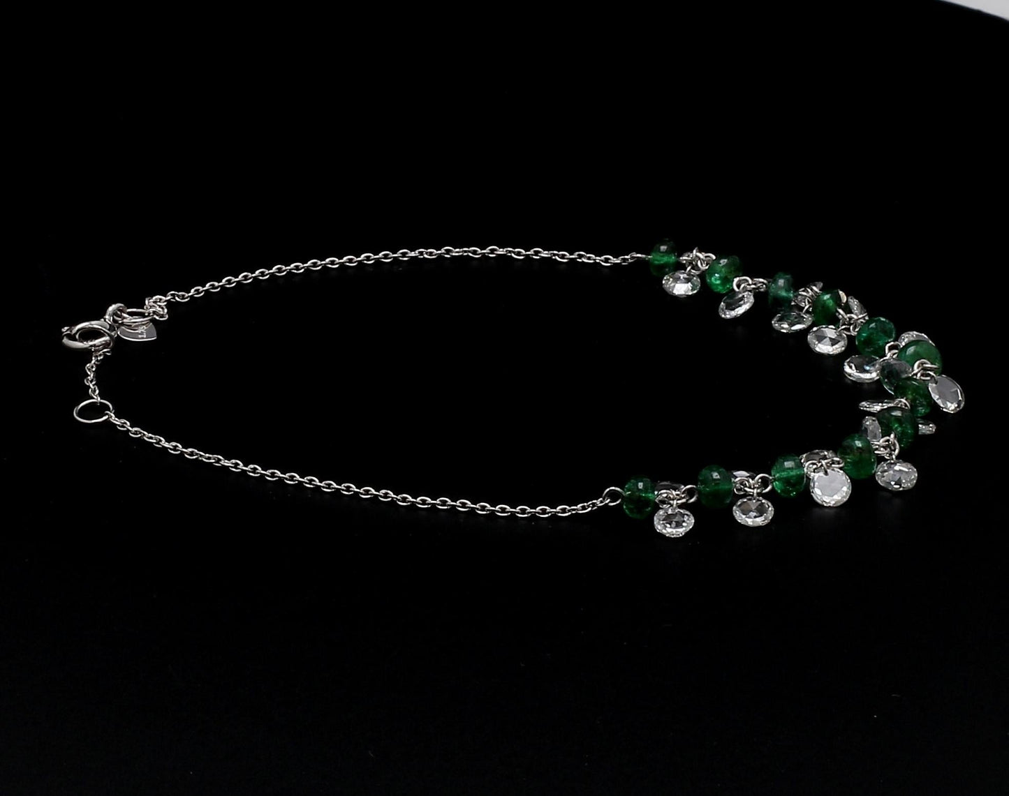 Diamond Rosecut and Emerald 18 Karat White Gold Dangling Bracelet