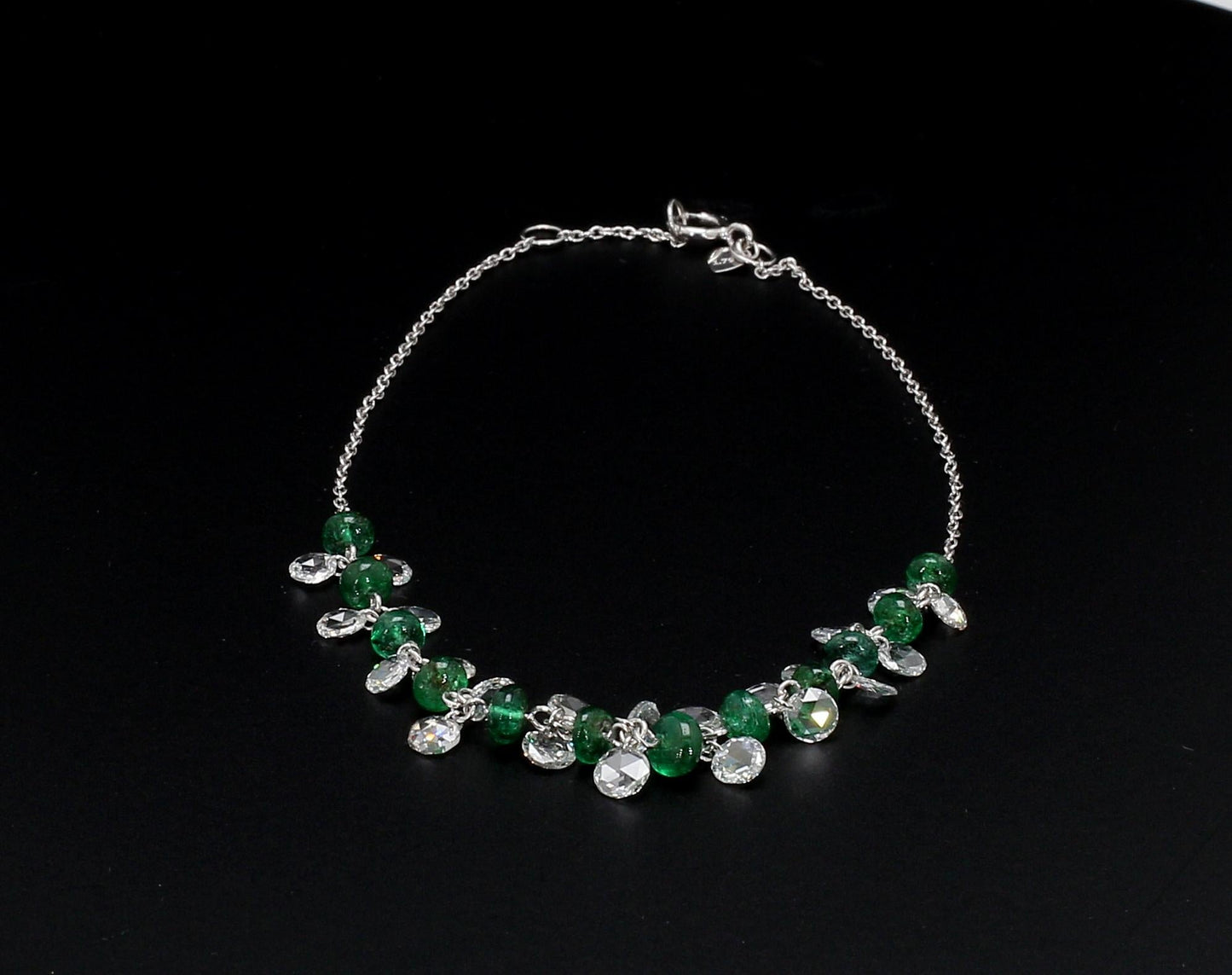Diamond Rosecut and Emerald 18 Karat White Gold Dangling Bracelet