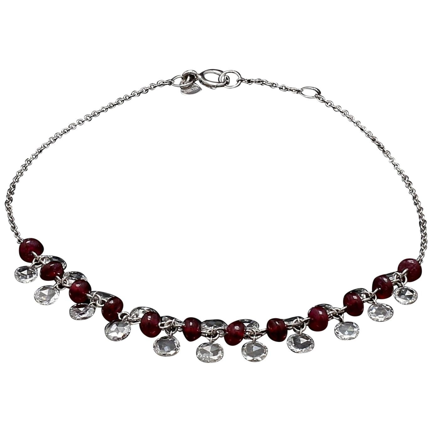 Diamond Rosecut and Ruby 18 Karat White Gold Dangling Bracelet