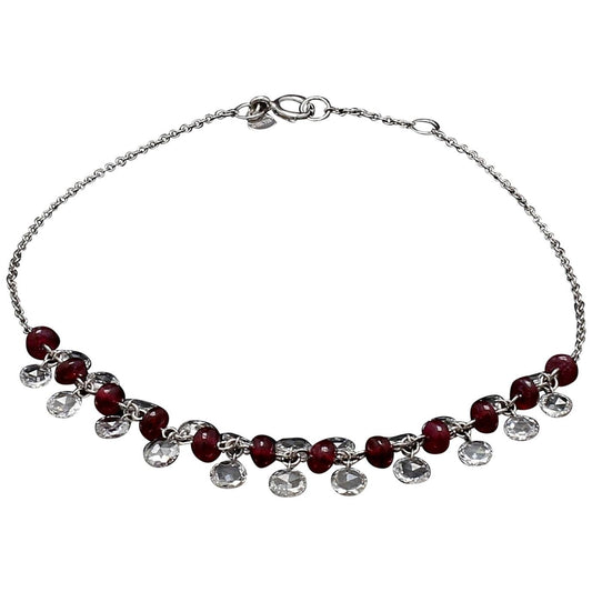 Diamond Rosecut and Ruby 18 Karat White Gold Dangling Bracelet