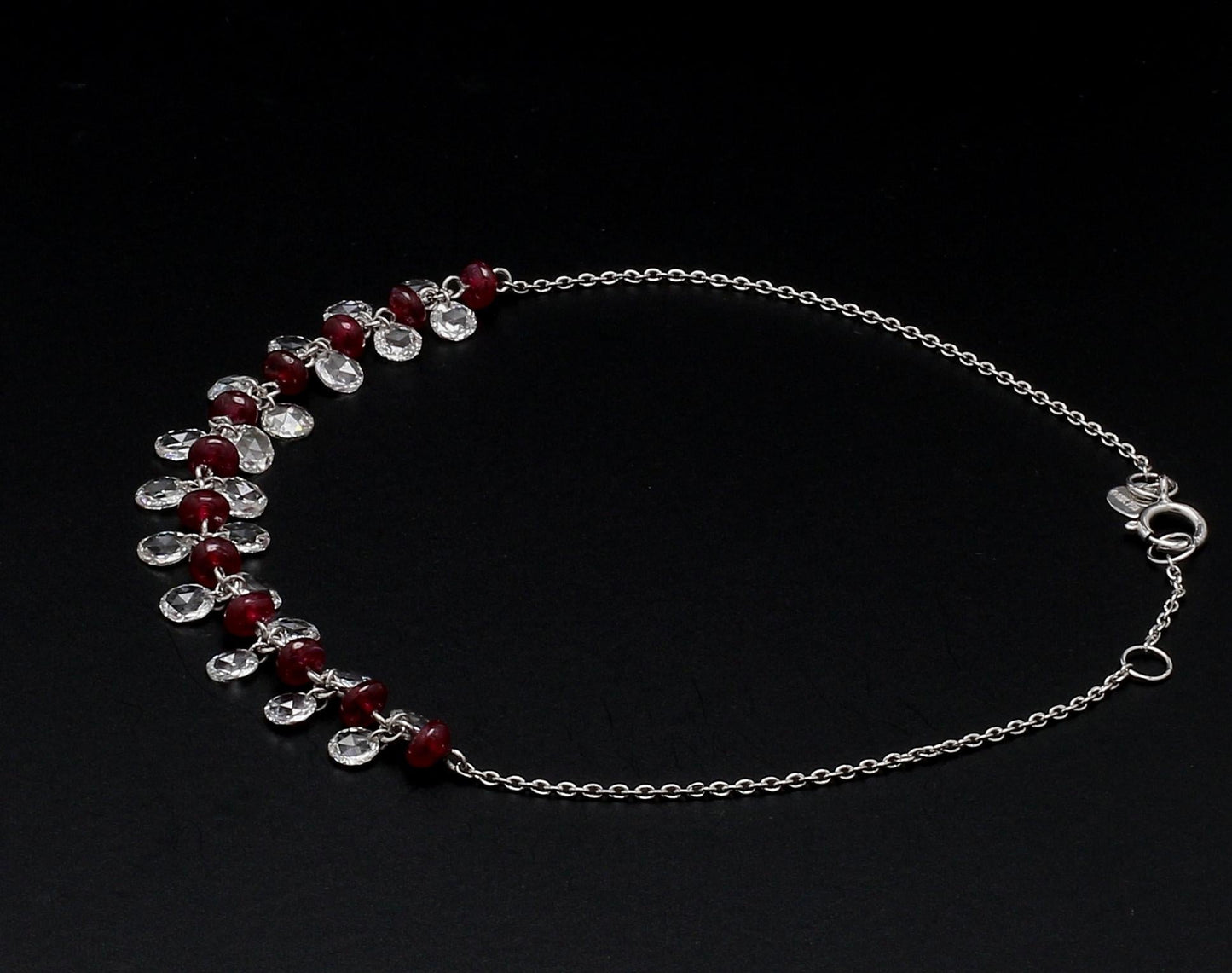 Diamond Rosecut and Ruby 18 Karat White Gold Dangling Bracelet