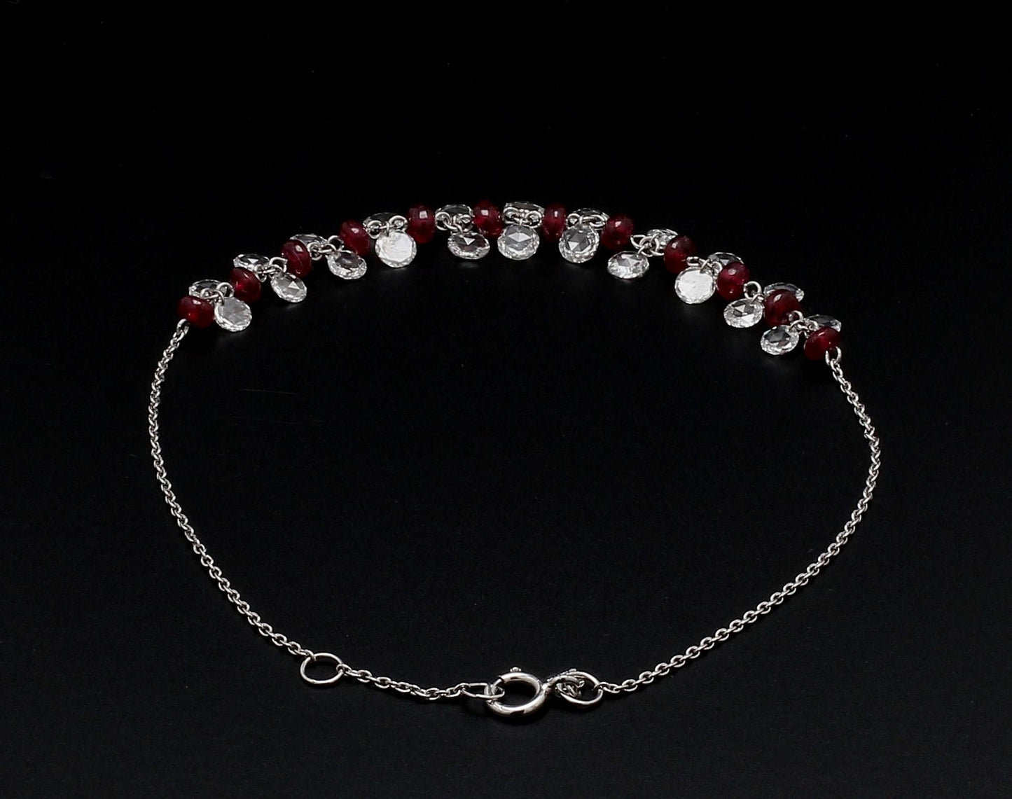 Diamond Rosecut and Ruby 18 Karat White Gold Dangling Bracelet
