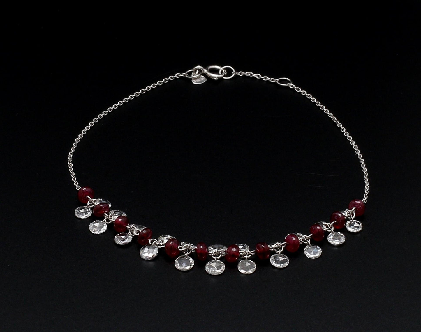 Diamond Rosecut and Ruby 18 Karat White Gold Dangling Bracelet