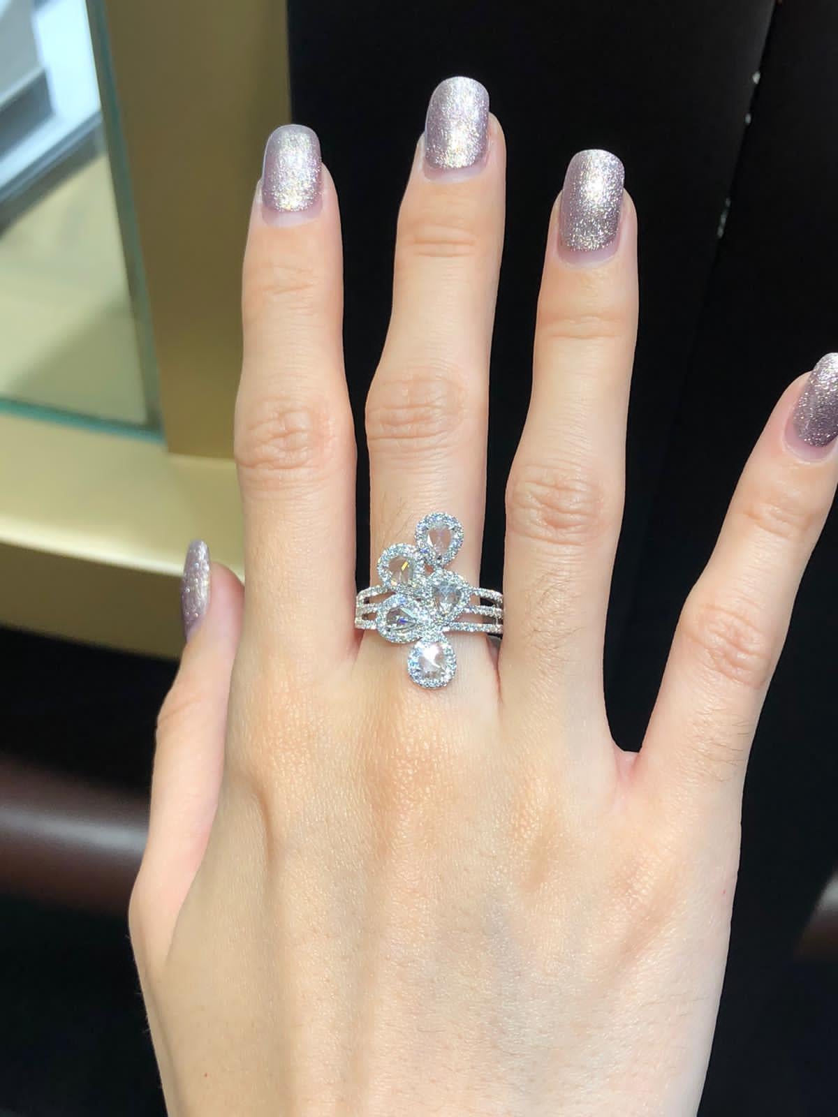 1.30 Carat Diamond Rosecut Petal Ring, White Gold