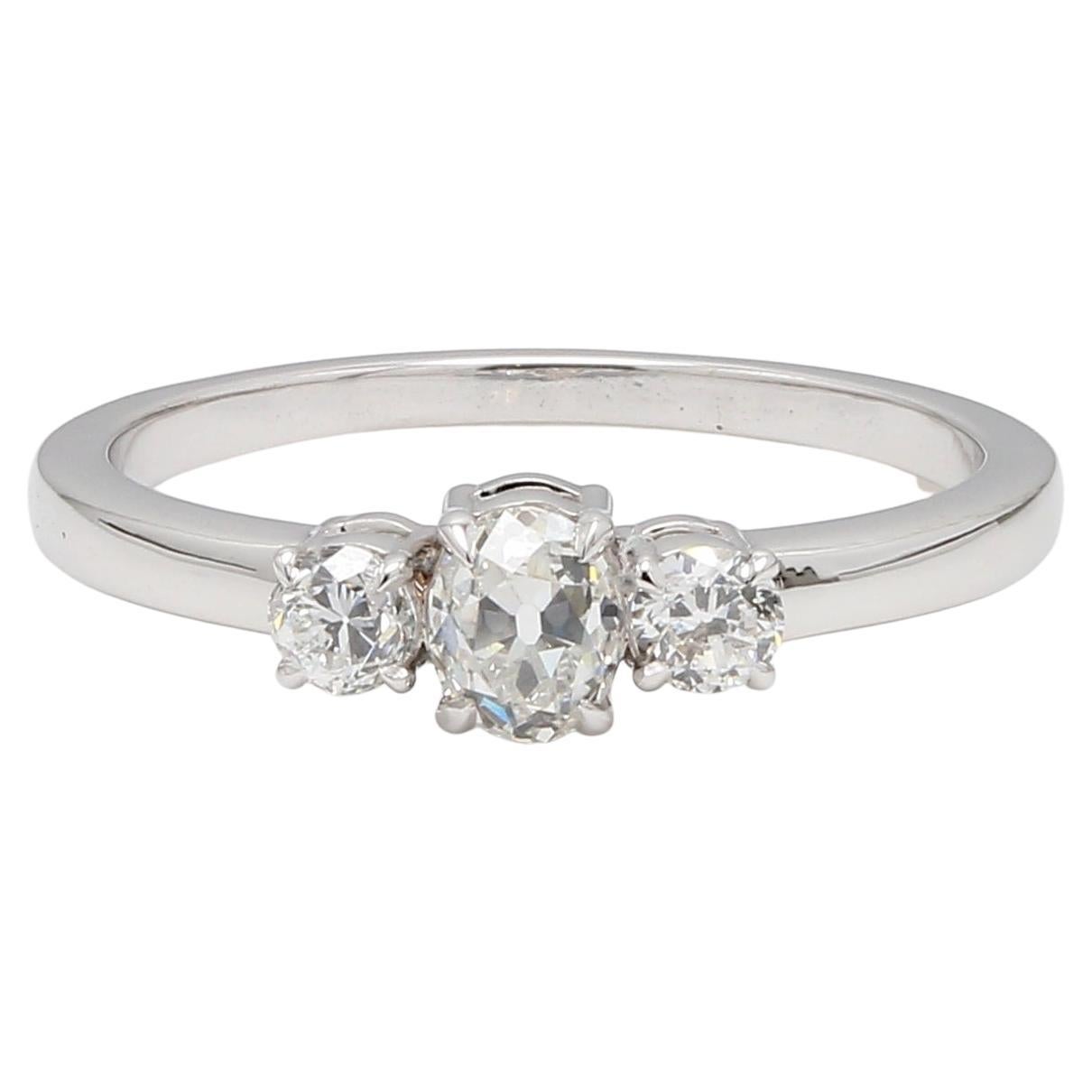 Diamond European Oldcut Oval & Round 3 Stone Ring
