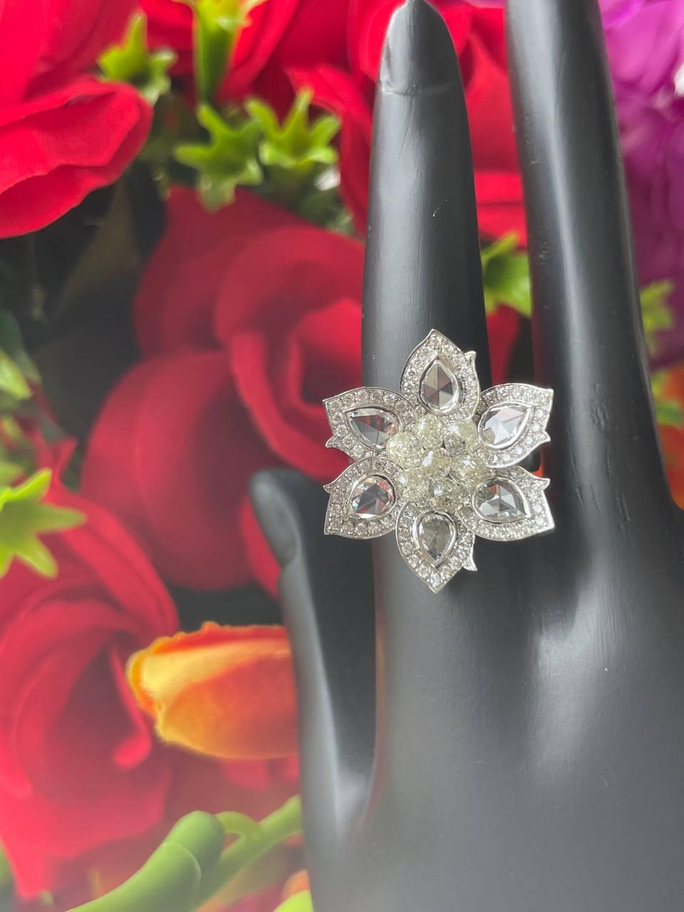 Diamond Briolette & Rosecut Floral Ring