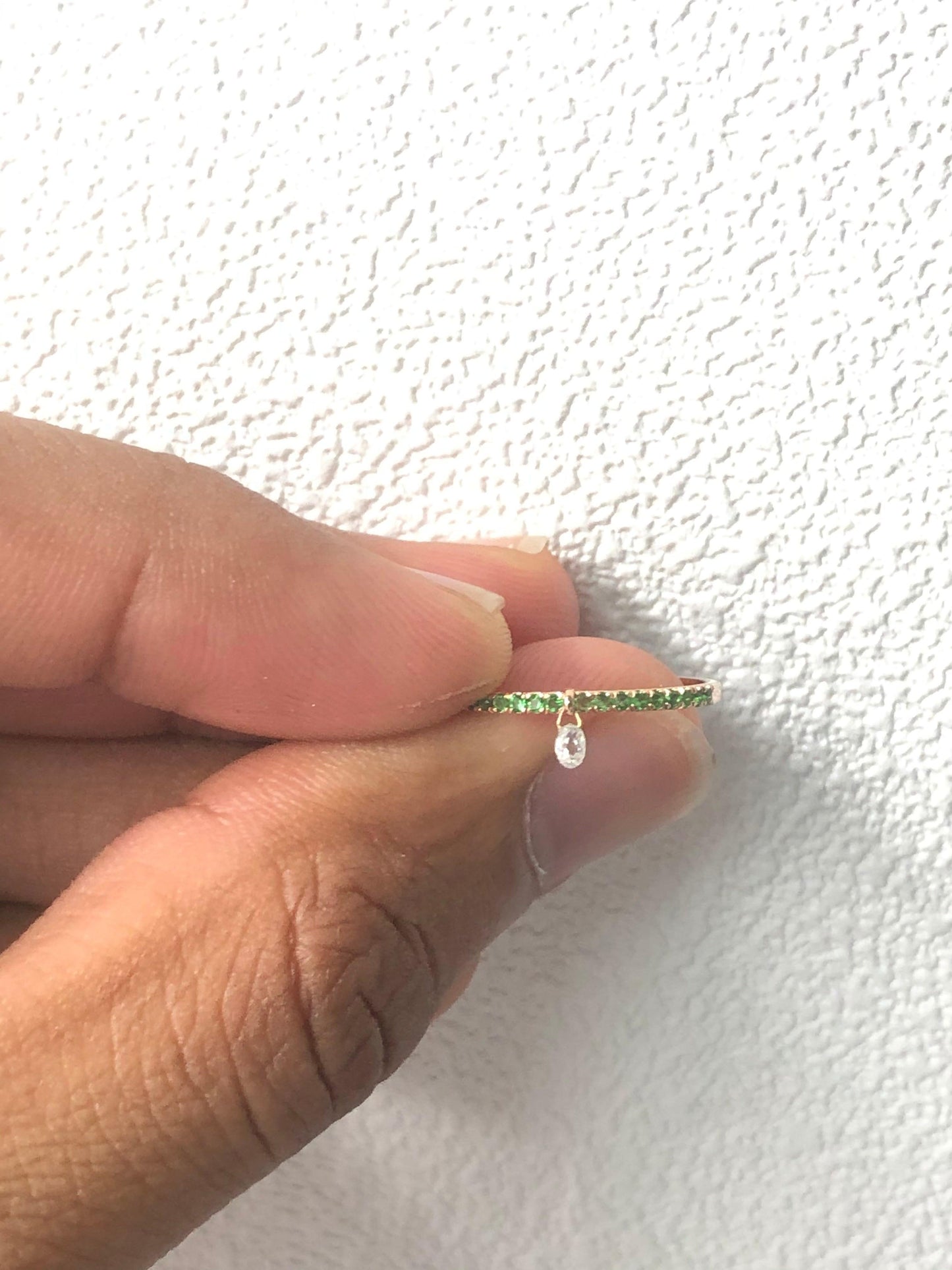 Mono Diamond Briolette & Emerald Dangling Ring, Rose Gold