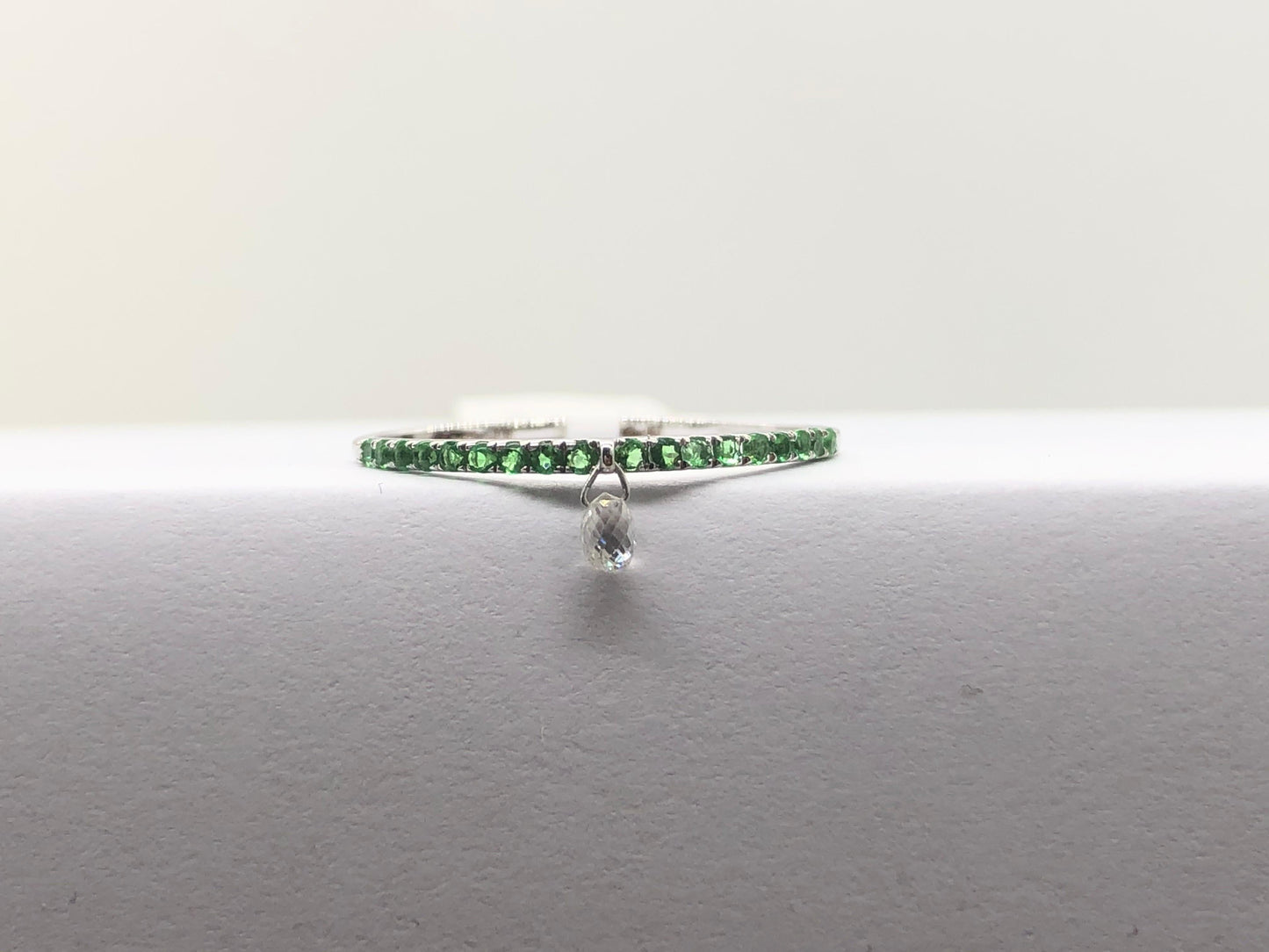 Mono Diamond Briolette & Emerald Dangling Ring, White Gold