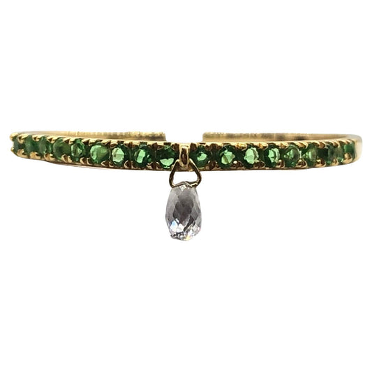Mono Diamond Briolette & Emerald Dangling Ring, Yellow Gold