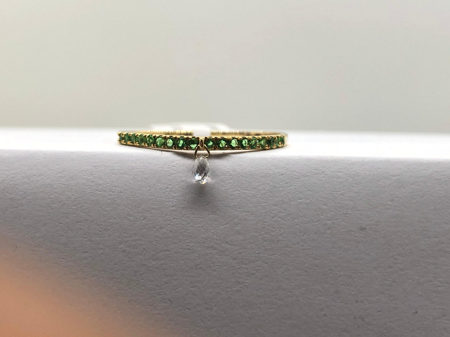 Mono Diamond Briolette & Emerald Dangling Ring, Yellow Gold