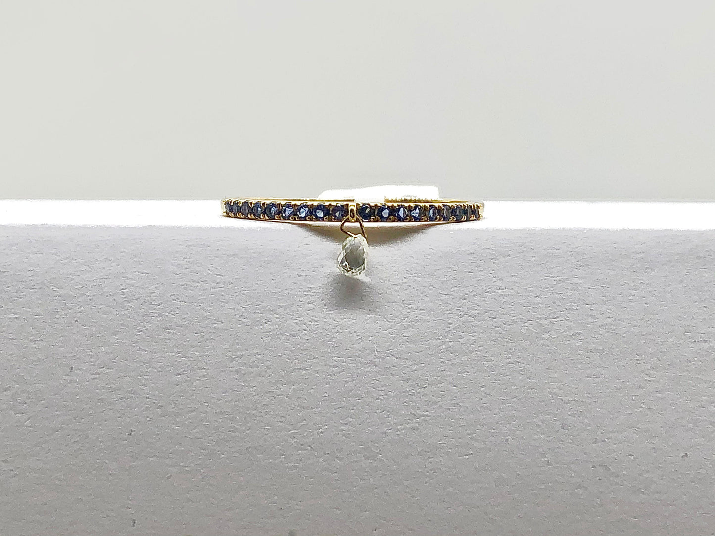 Mono Diamond Briolette & Sapphire Dangling Ring, Yellow Gold
