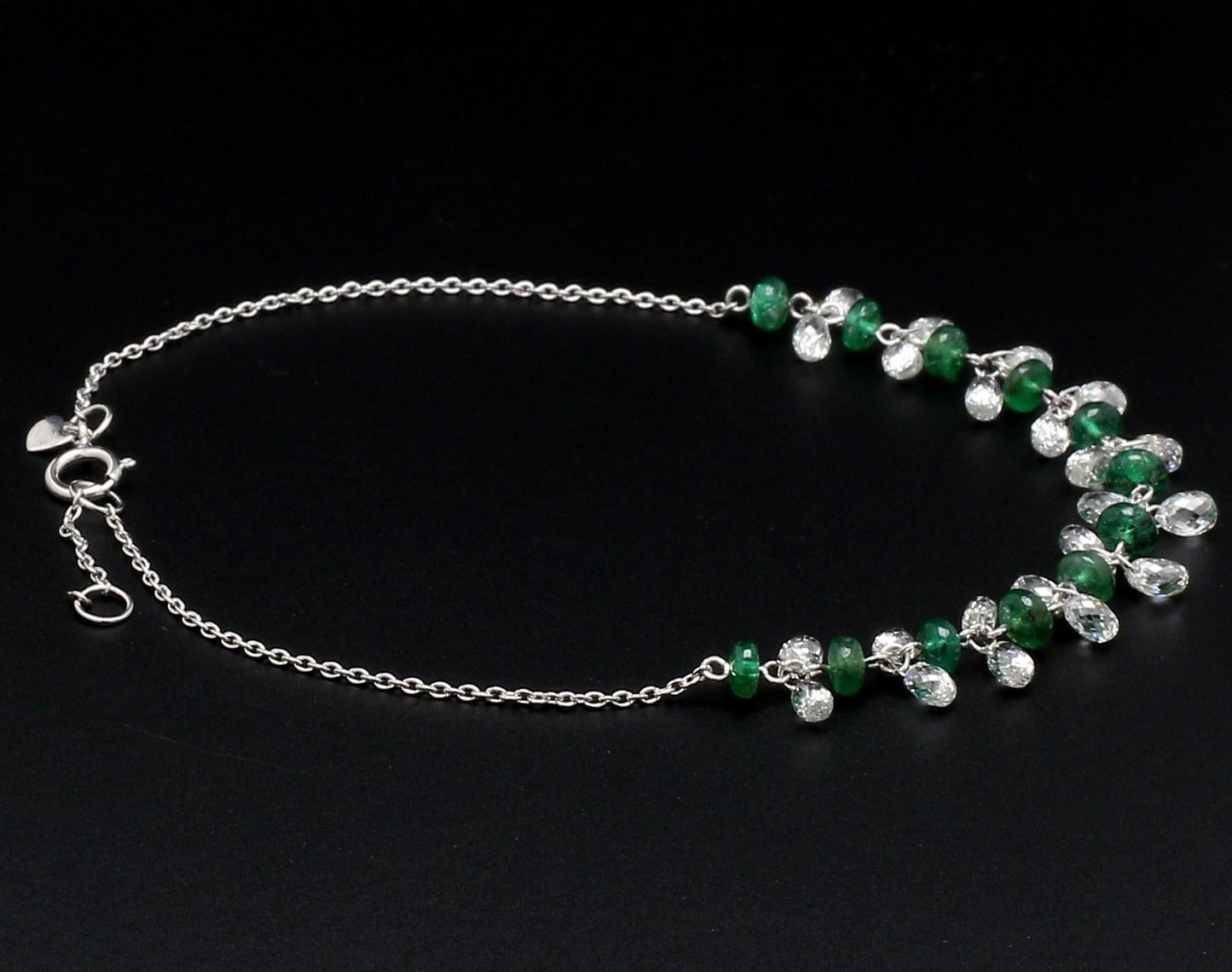 Diamond Briolette and Emerald 18k White Gold Dangling Bracelet